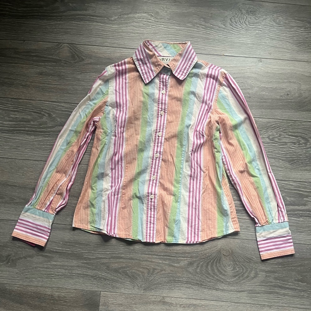 Orvis Pink Orange Pastel Easter Vertical Stripe Long Sleeve Button Down Size M